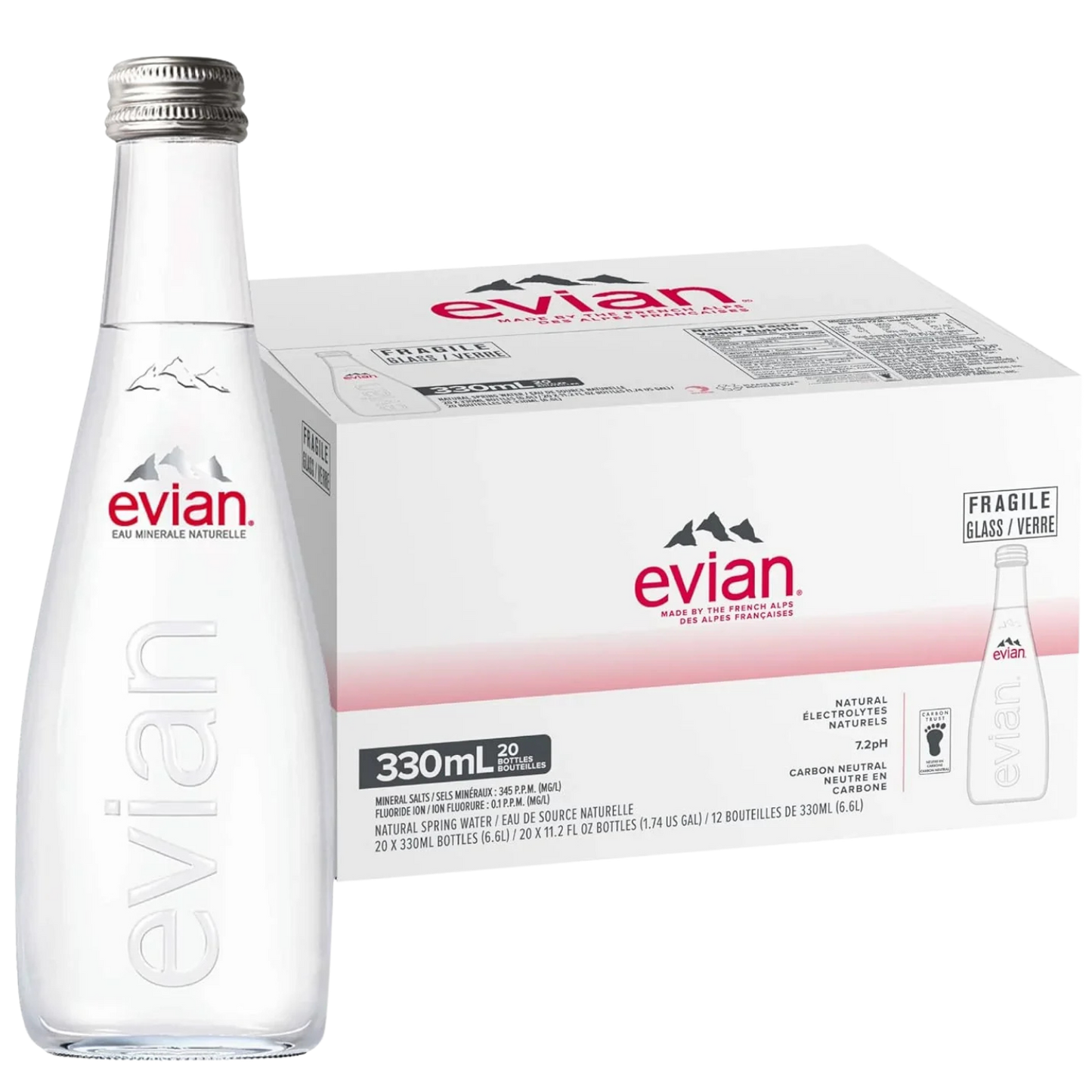 Evian, Natural Spring Water, Case of 20, 330 ml