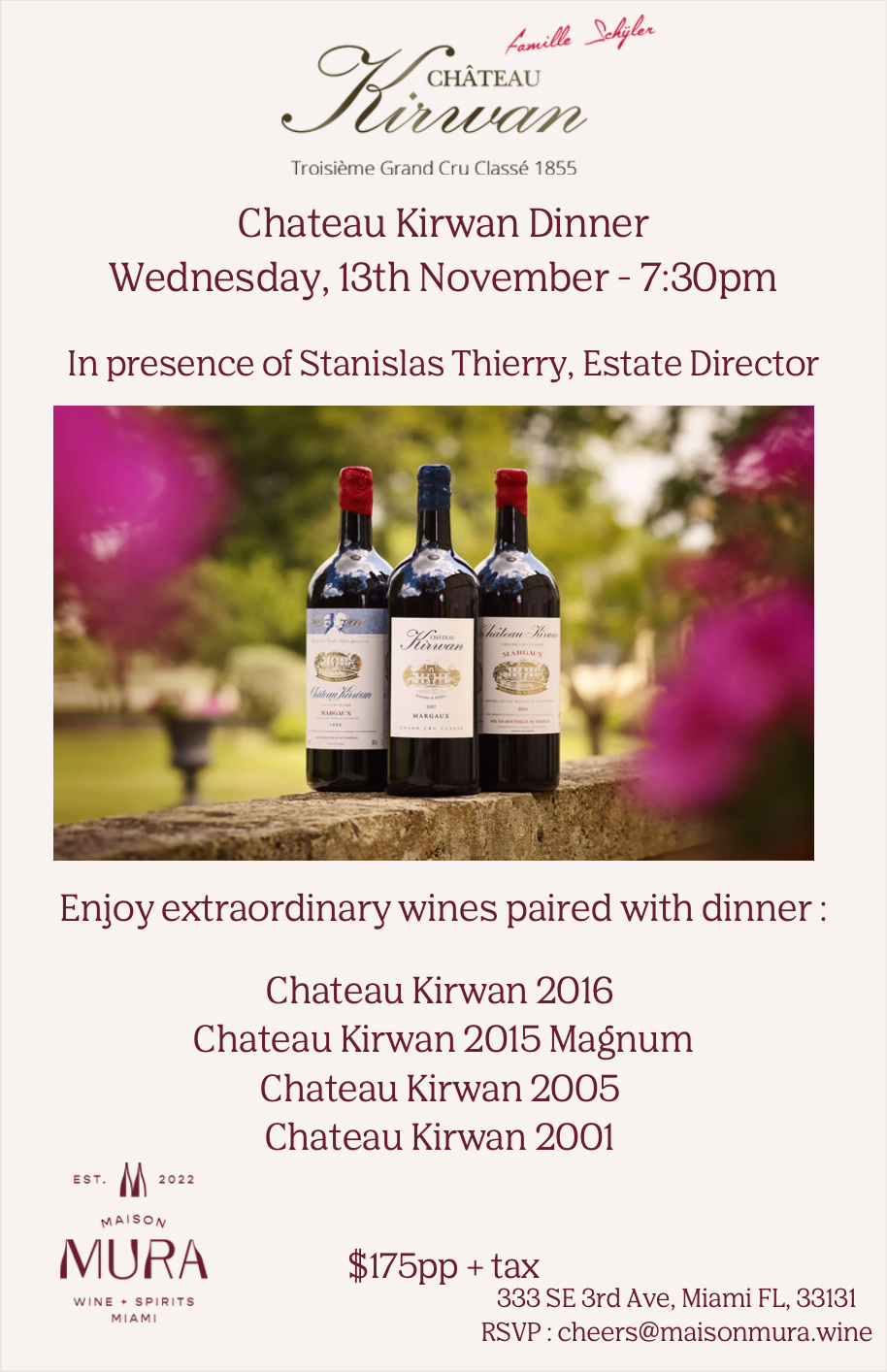 Chateau Kirwan Dinner - 10/13/2024 - 7.30pm