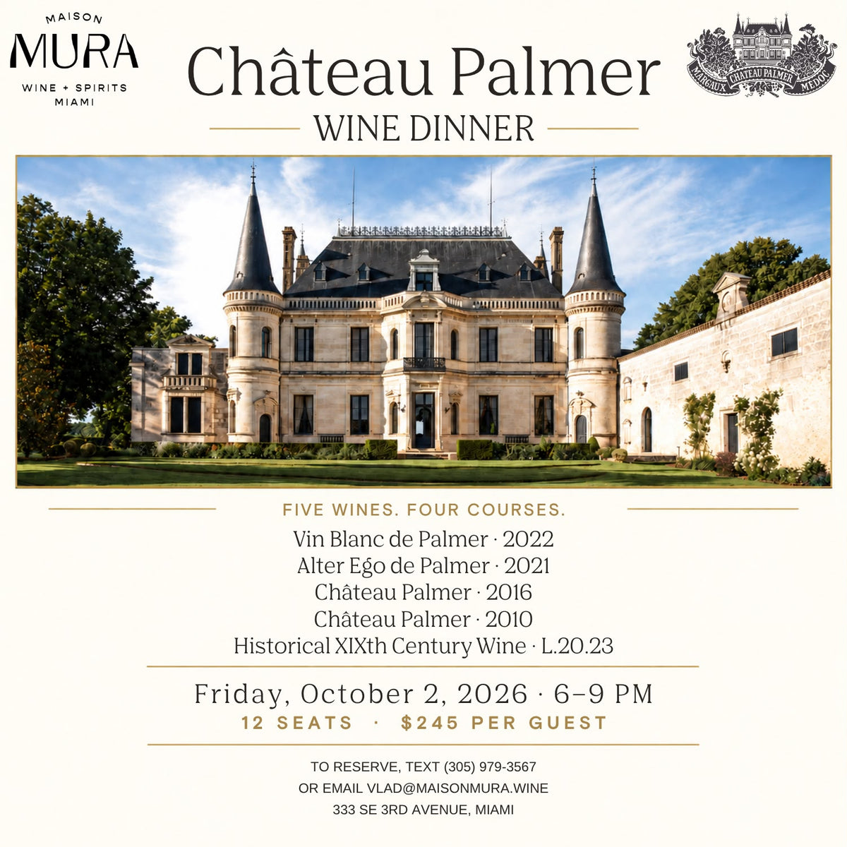Chateau Palmer Wine Dinner, Friday, October 2nd, 2026